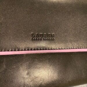 Lauren Ralph Lauren Black Leather Trifold Wallet Pink Trim Snap Closure